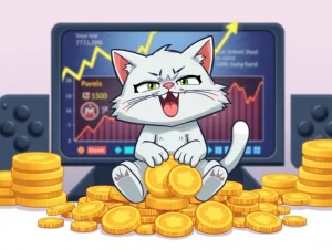 Troller Cat character symbolizing the explosive growth of a deflationary meme coin within a crypto gaming ecosystem.