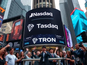 Tron Inc. Nasdaq opening bell ceremony symbolizing a pivotal shift towards blockchain innovation and DeFi integration.