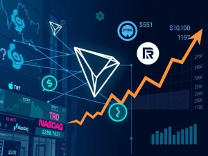 Chart showing TRX price performance contrasting with TRON Network Growth metrics like surging transactions and USDT dominance post-Tron Nasdaq listing.