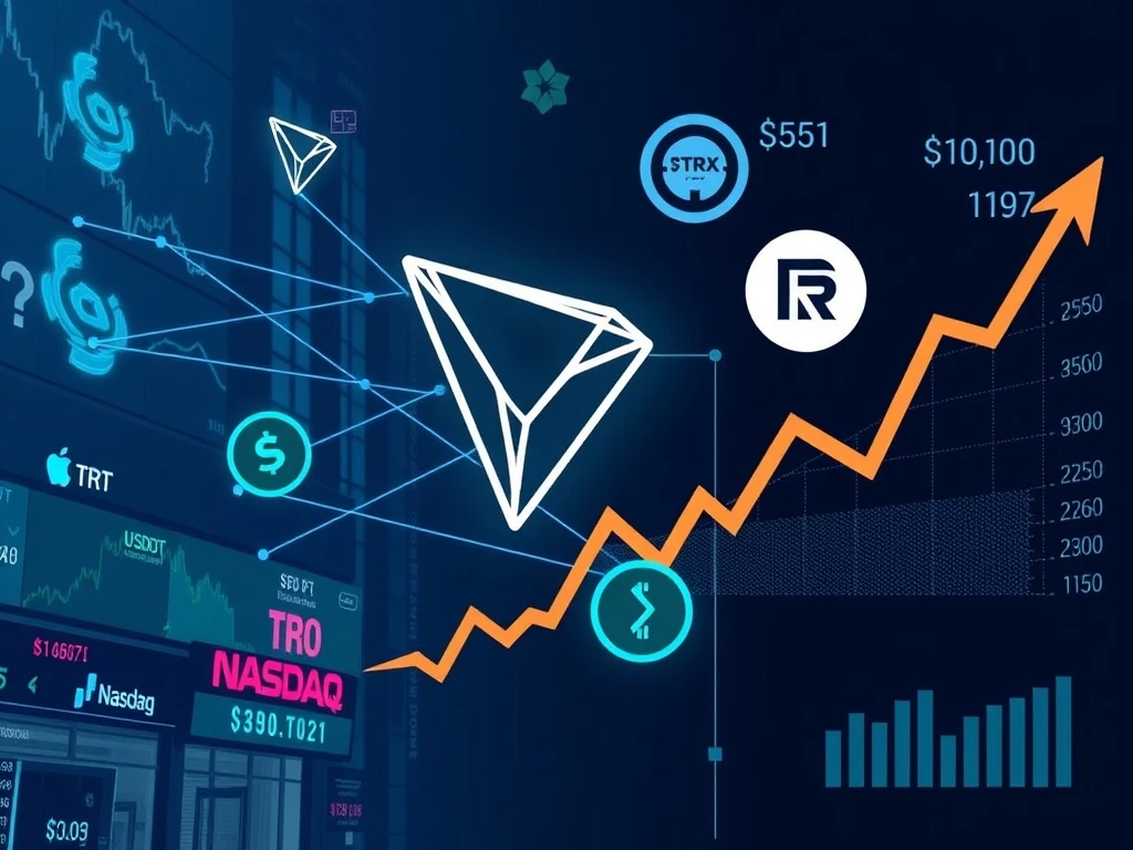 Chart showing TRX price performance contrasting with TRON Network Growth metrics like surging transactions and USDT dominance post-Tron Nasdaq listing.
