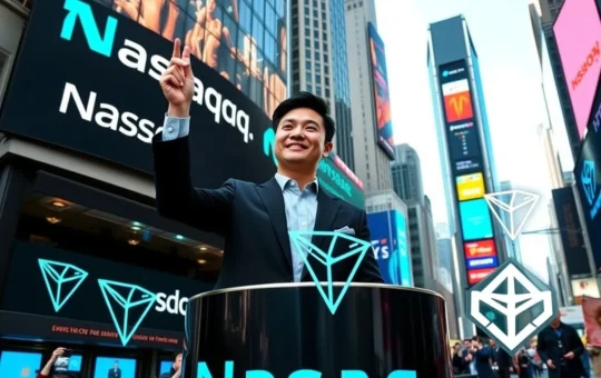 Justin Sun rings the Nasdaq bell, symbolizing Tron Inc.'s historic Tron Nasdaq Listing and its groundbreaking entry into traditional finance.