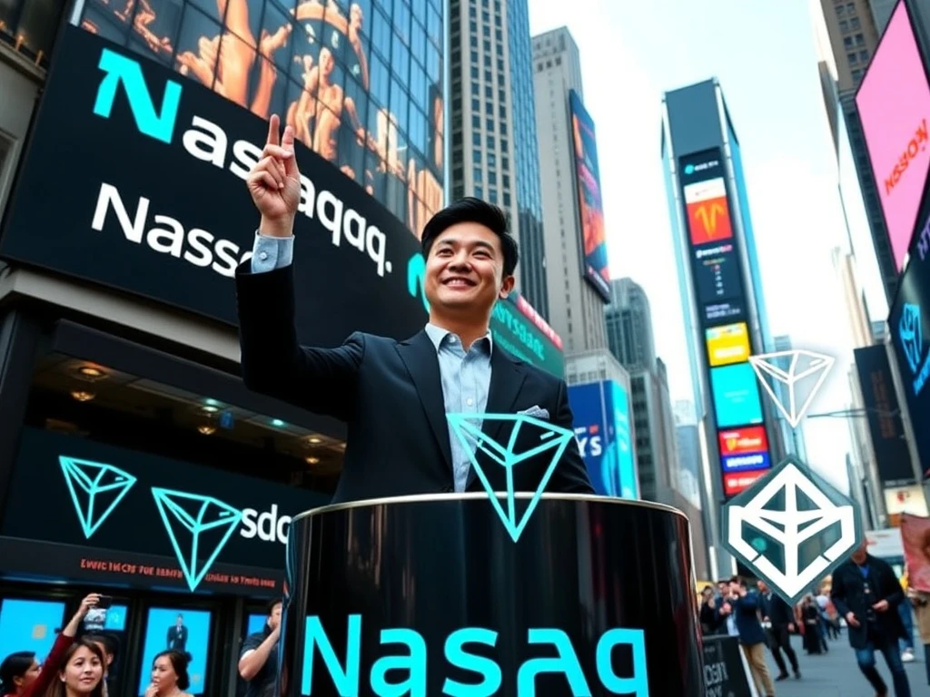 Justin Sun rings the Nasdaq bell, symbolizing Tron Inc.'s historic Tron Nasdaq Listing and its groundbreaking entry into traditional finance.