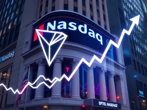 Tron Nasdaq Listing bell-ringing ceremony with TRX logo, symbolizing the significant volume surge.