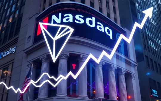 Tron Nasdaq Listing bell-ringing ceremony with TRX logo, symbolizing the significant volume surge.