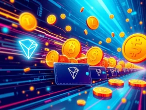A visual representation of TRON stablecoin transactions surging, showing rapid digital flow between wallets and signifying growth in decentralized finance.
