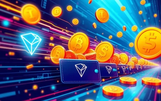 A visual representation of TRON stablecoin transactions surging, showing rapid digital flow between wallets and signifying growth in decentralized finance.