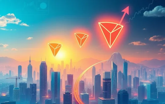 Tron TRX symbol ascending amidst financial charts, symbolizing its yearly high and the impact of crypto ETF growth.