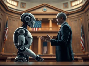 An AI bot and human debating policy, representing the controversial Trump AI order's impact on federal AI contracts and ethical AI.