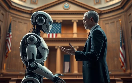 An AI bot and human debating policy, representing the controversial Trump AI order's impact on federal AI contracts and ethical AI.