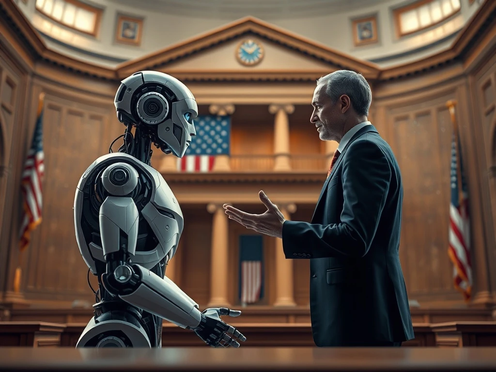 An AI bot and human debating policy, representing the controversial Trump AI order's impact on federal AI contracts and ethical AI.