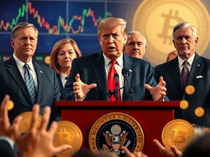 Trump advocating for congressional stock trading ban with financial charts in background
