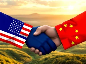 Representations of US and EU flags shaking hands, symbolizing the historic Trump EU trade deal and the averting of a tariff war.