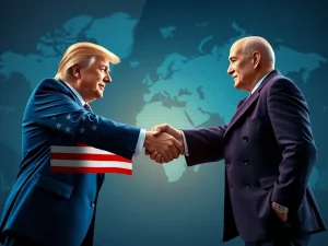 A handshake between US and EU representatives, symbolizing the landmark Trump EU Trade Deal and its positive impact on global markets, including Bitcoin.