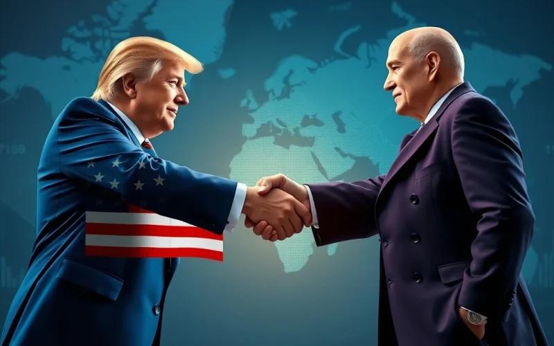 A handshake between US and EU representatives, symbolizing the landmark Trump EU Trade Deal and its positive impact on global markets, including Bitcoin.