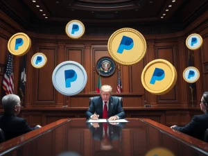 President Trump signing the GENIUS Act to enforce stablecoin reserves, with PayPal and crypto symbols in the background.