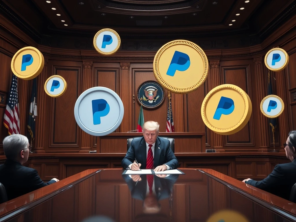 President Trump signing the GENIUS Act to enforce stablecoin reserves, with PayPal and crypto symbols in the background.