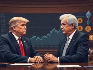 President Trump and Jerome Powell amidst a discussion about Federal Reserve interest rates and their potential impact on the crypto market, highlighting the tension over Trump rate cuts.