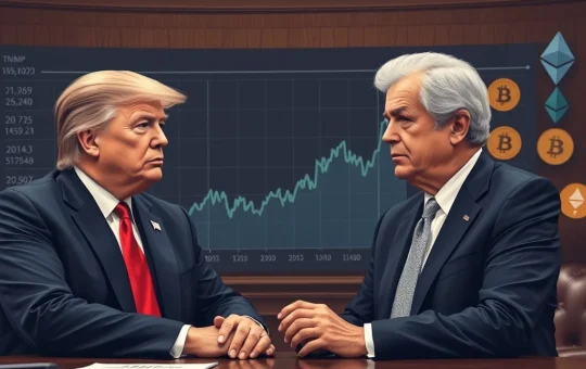 President Trump and Jerome Powell amidst a discussion about Federal Reserve interest rates and their potential impact on the crypto market, highlighting the tension over Trump rate cuts.