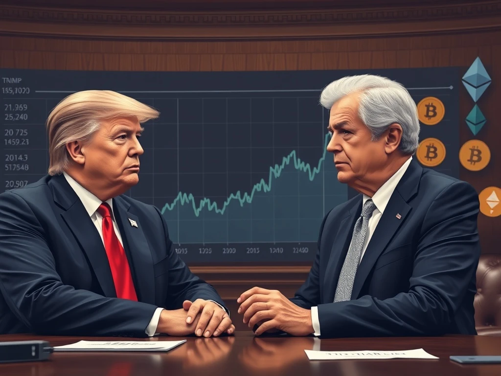 President Trump and Jerome Powell amidst a discussion about Federal Reserve interest rates and their potential impact on the crypto market, highlighting the tension over Trump rate cuts.