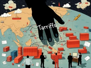 Anxious business leaders discussing the disruptive impact of Trump tariffs on Southeast Asia exports and global supply chains.