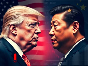 Trump and Xi Jinping with cryptocurrency chart symbolizing U.S.-China trade impact on markets