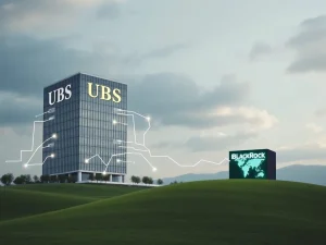UBS building with digital data flows, symbolizing its strategic shift from BlackRock Aladdin to internal systems for significant cost savings.