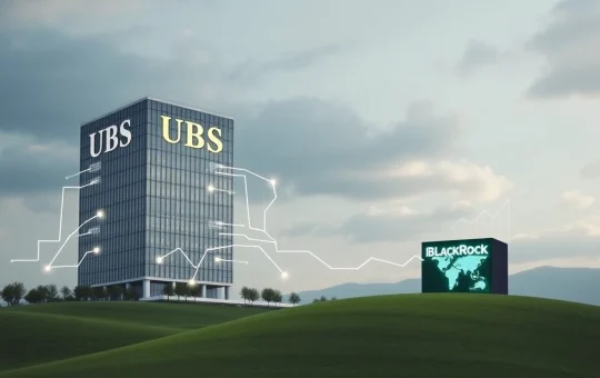 UBS building with digital data flows, symbolizing its strategic shift from BlackRock Aladdin to internal systems for significant cost savings.