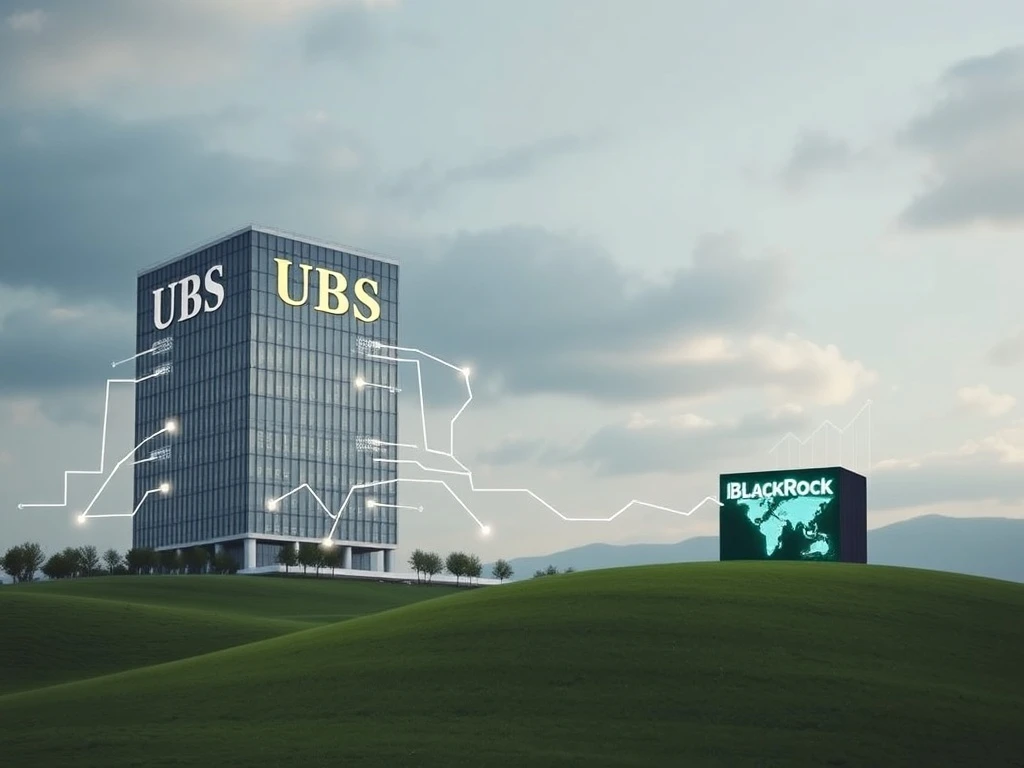 UBS building with digital data flows, symbolizing its strategic shift from BlackRock Aladdin to internal systems for significant cost savings.