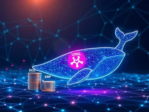 A digital whale moving capital from Solana and XRP coins towards the UNIL crypto logo, illustrating the surge of AI-driven UNIL.