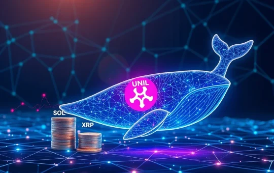 A digital whale moving capital from Solana and XRP coins towards the UNIL crypto logo, illustrating the surge of AI-driven UNIL.