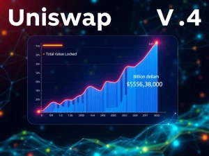 A digital representation of the Uniswap v4 interface with charts showing significant growth in Total Value Locked (TVL) and trading volume, symbolizing its monumental achievement in the DeFi space.