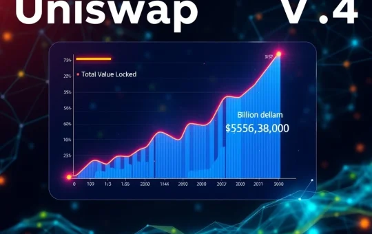 A digital representation of the Uniswap v4 interface with charts showing significant growth in Total Value Locked (TVL) and trading volume, symbolizing its monumental achievement in the DeFi space.