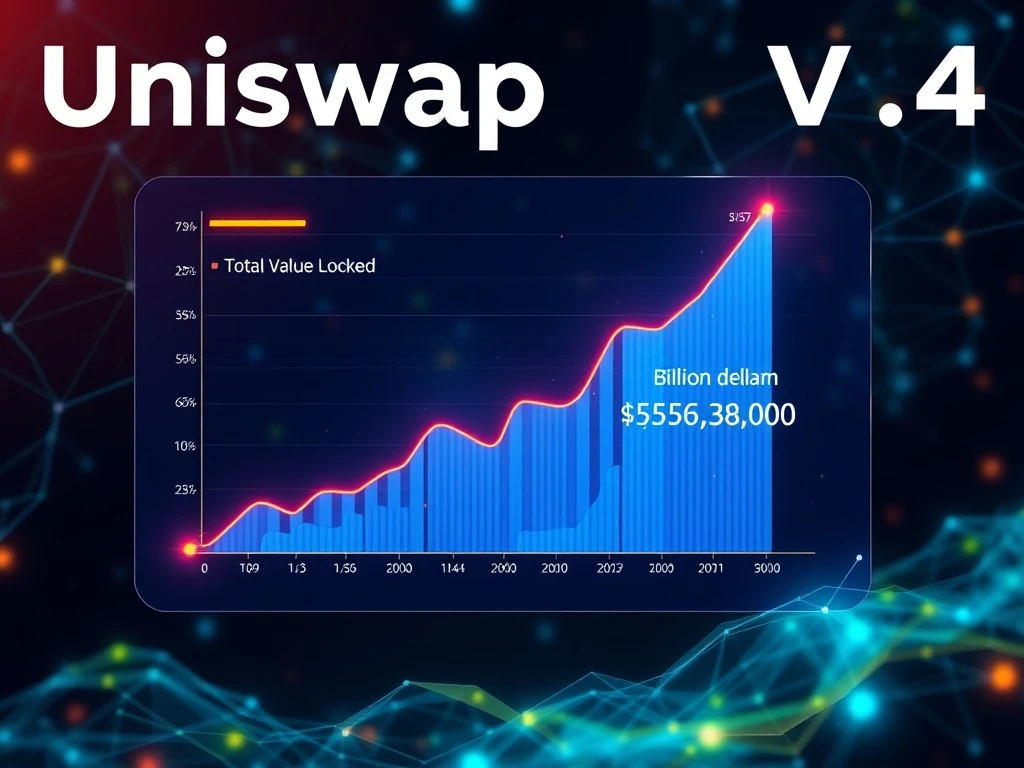 A digital representation of the Uniswap v4 interface with charts showing significant growth in Total Value Locked (TVL) and trading volume, symbolizing its monumental achievement in the DeFi space.