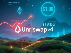 A vibrant graphic illustrating Uniswap v4's significant $1 billion Total Value Locked, showcasing its pivotal role in the booming Ethereum DeFi ecosystem.
