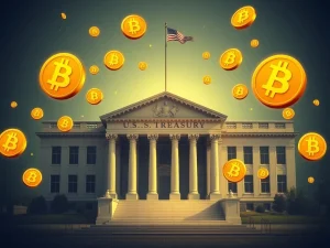 U.S. Treasury building with Bitcoin symbols representing strategic reserve debate
