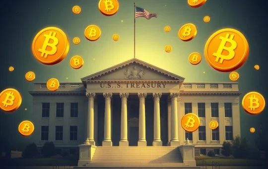 U.S. Treasury building with Bitcoin symbols representing strategic reserve debate