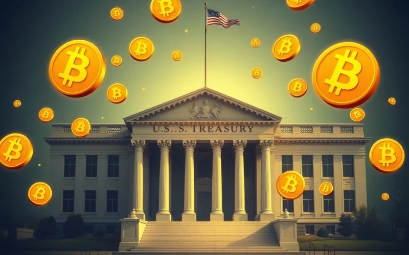 U.S. Treasury building with Bitcoin symbols representing strategic reserve debate