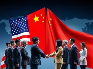 A US business delegation fosters dialogue on US-China trade talks, symbolizing efforts to ease economic relations.