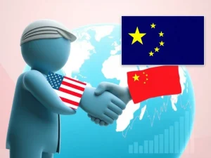 A handshake between two hands representing the US and China, with a backdrop of a global market chart showing stability, symbolizing the US-China trade truce.