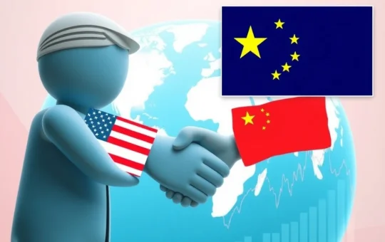 A handshake between two hands representing the US and China, with a backdrop of a global market chart showing stability, symbolizing the US-China trade truce.