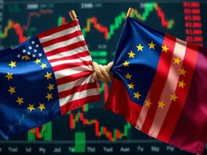 US-EU Tariffs cause market volatility, symbolizing the global trade war and economic uncertainty before the August 1 deadline.