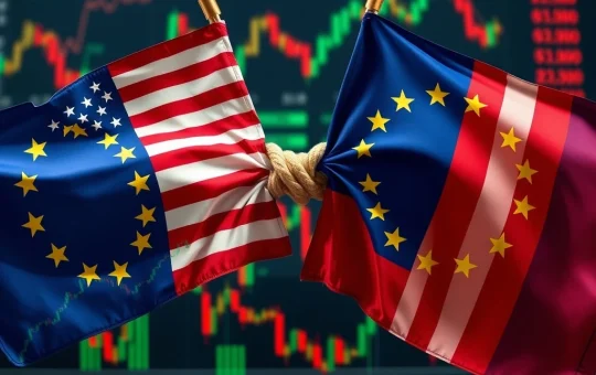 US-EU Tariffs cause market volatility, symbolizing the global trade war and economic uncertainty before the August 1 deadline.