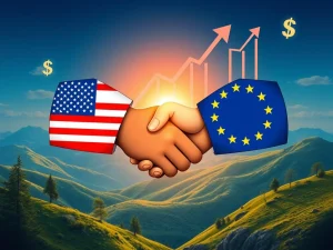 A symbolic handshake representing the US-EU Trade Deal, with crypto charts rising sharply in the background, illustrating the Bitcoin Price Surge and broader Crypto Market Rally.