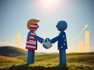 Flags of the US and EU symbolizing a landmark US EU trade deal, showcasing reduced tariffs and strengthened economic partnership.