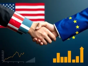 Depiction of the US-EU Trade Deal, symbolizing a pivotal agreement averting tariffs and fostering cross-border investment and economic stability.