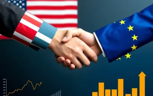Depiction of the US-EU Trade Deal, symbolizing a pivotal agreement averting tariffs and fostering cross-border investment and economic stability.