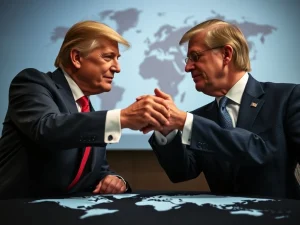 Leaders representing the US and EU shaking hands, symbolizing the crucial US-EU trade deal negotiations and efforts to reduce tariffs.