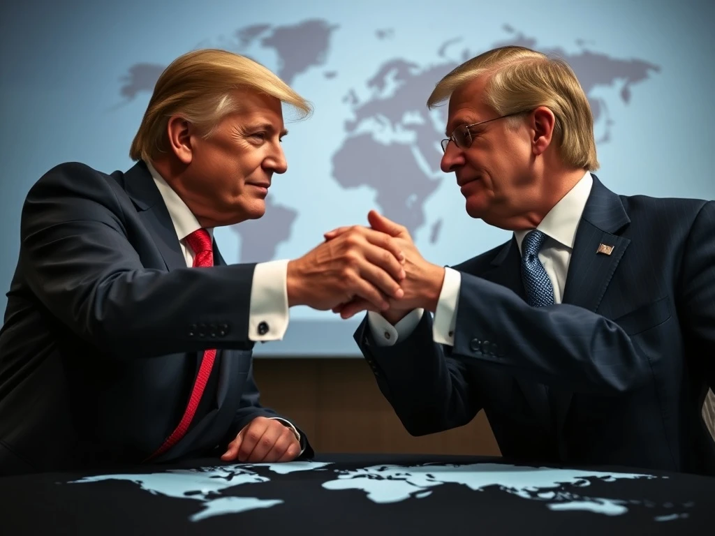 Leaders representing the US and EU shaking hands, symbolizing the crucial US-EU trade deal negotiations and efforts to reduce tariffs.
