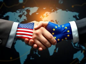 A handshake between US and EU representatives symbolizes the US-EU Trade Pact, signifying a new era of transatlantic economic relations and its impact on global market stability.