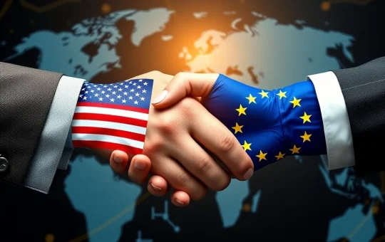 A handshake between US and EU representatives symbolizes the US-EU Trade Pact, signifying a new era of transatlantic economic relations and its impact on global market stability.